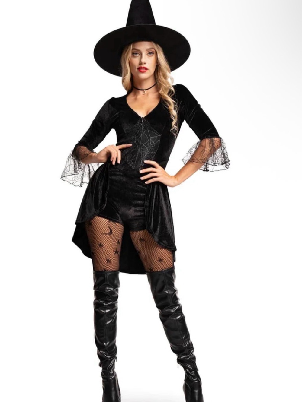 Tipsy Elves Black Velvet Witch Costume Romper with Spiderweb Detail, Large